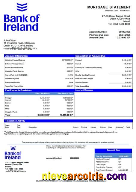 Ireland Bank of Ireland mortgage statement Word and PDF template